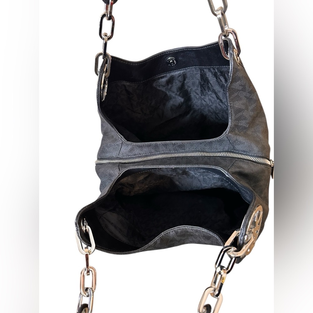 MICHAEL KORS FULTON BLACK LOGO SILVER CHAIN LARGE SHOULDER TOTE BAG - Picture 6 of 9
